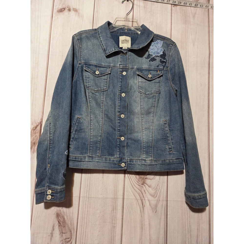Vintage America Blues Floral Embroidered Denim Jacket Medium‎ Wash Womens Size M